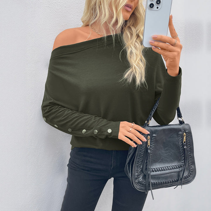 Damen Oversized Langarmshirt mit asymmetrischem Ausschnitt und feinen Knopfdetails Drune