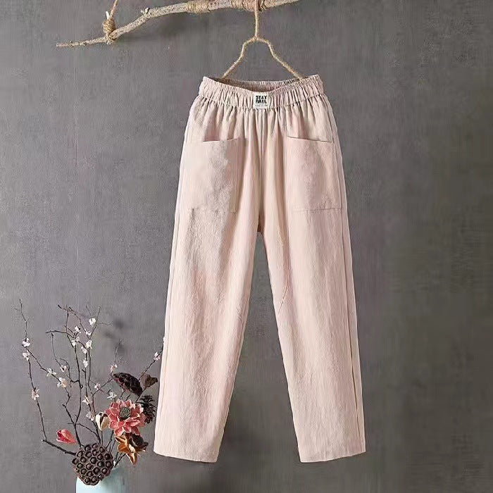 Damen nan lässige Leinenmix-Hose mit elastischem Bund, geradem Bein und großen aufgesetzten Taschen Drune