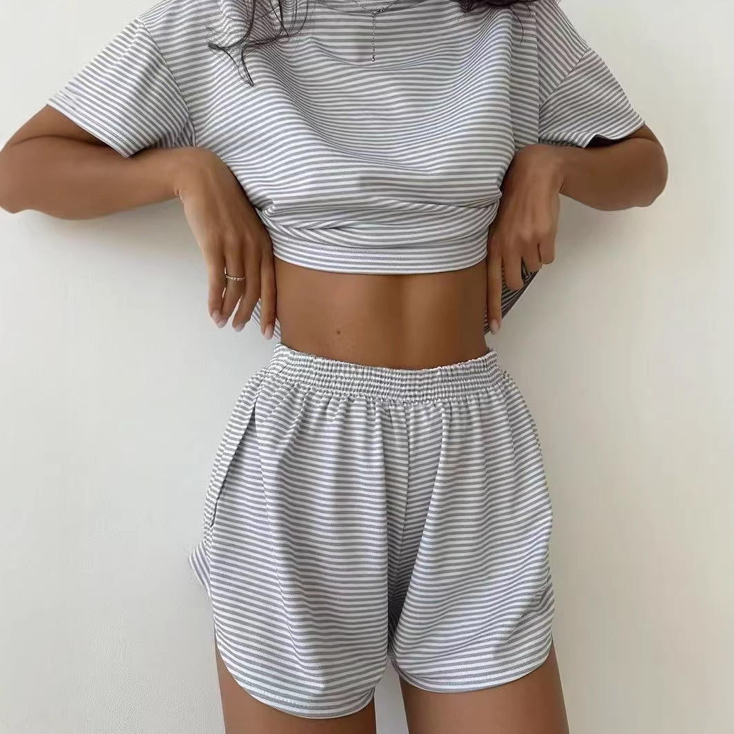 Damen lässiges Crop-Top und Short-Set mit gestreiftem Muster Drune