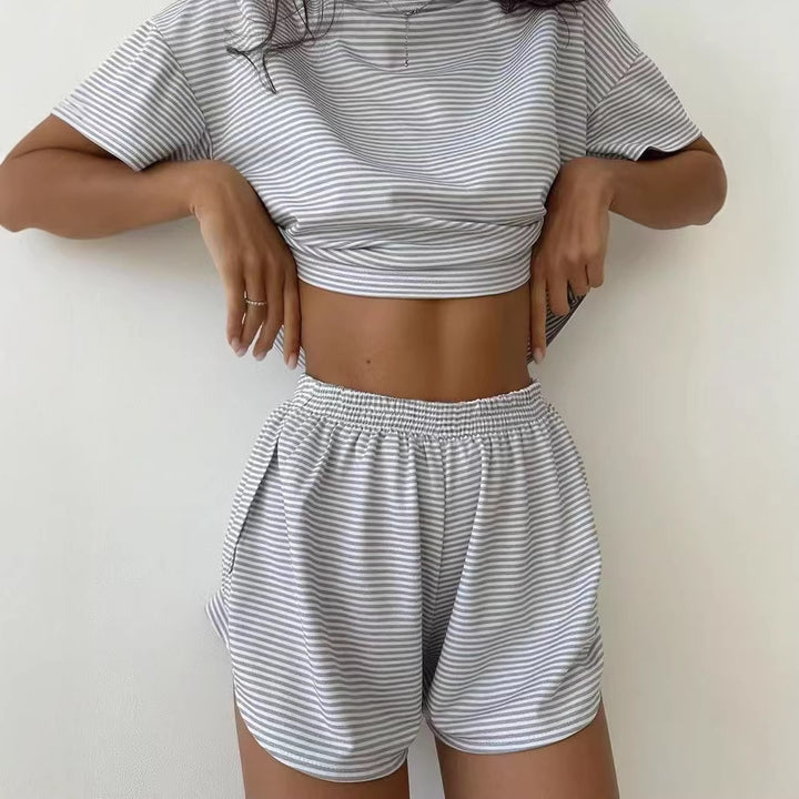 Damen lässiges Crop-Top und Short-Set mit gestreiftem Muster Drune