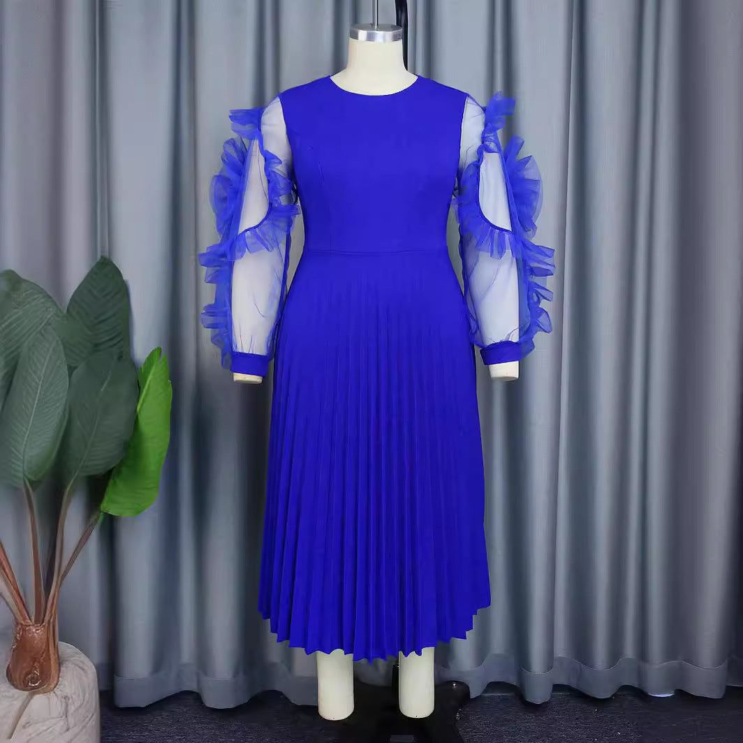 Damen plissiertes Kleid mit voluminösen Tüllärmeln Drune
