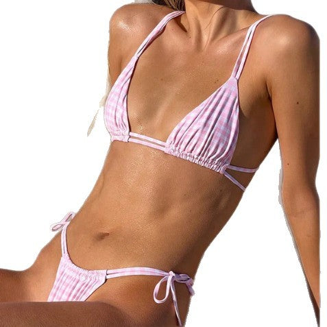 Damen Triangel-Bikini mit anpassbaren Trägern und zartem Karomuster Drune