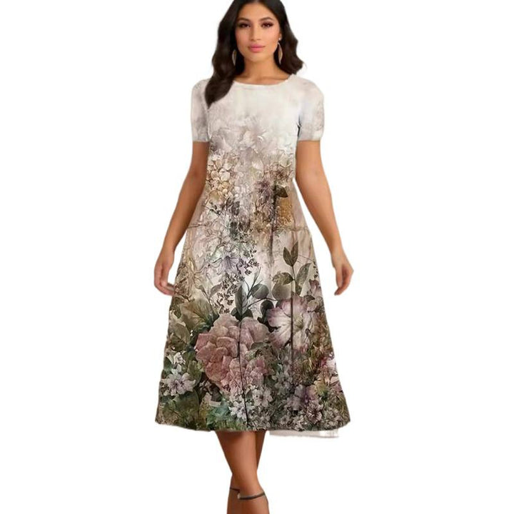 Damen Elegantes Maxikleid mit floralem Design und zartem Rundhalsausschnitt Drune