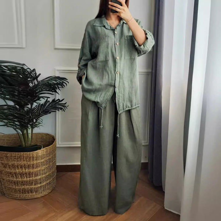 Damen Leinen-Set mit weiten Hosen undlässiger Bluse Drune