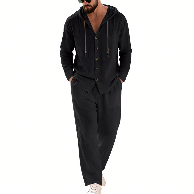 Herren nan legeres Kapuzen-Lounge-Set mit Knopfleiste, Kordelbundhose und seitlichen Eingrifftaschen Drune