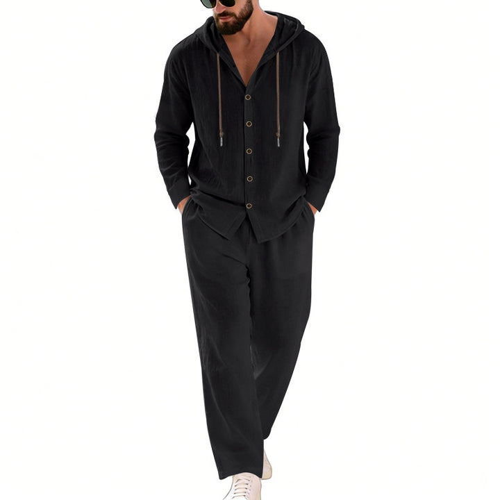 Herren nan legeres Kapuzen-Lounge-Set mit Knopfleiste, Kordelbundhose und seitlichen Eingrifftaschen Drune