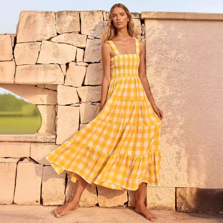 Damen Sommerliches Maxikleid mit kariertem Design und Trägern Drune