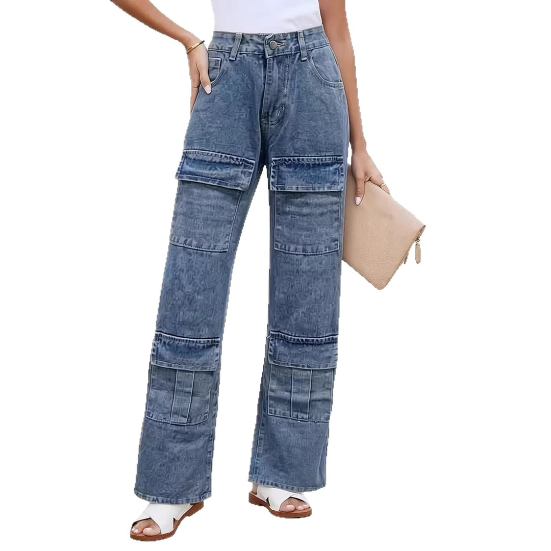Damen nan High‑Waist Utility-Denimhose mit aufgesetzten Knie-Patches, Cargo‑Taschen und weitem Schlag Drune
