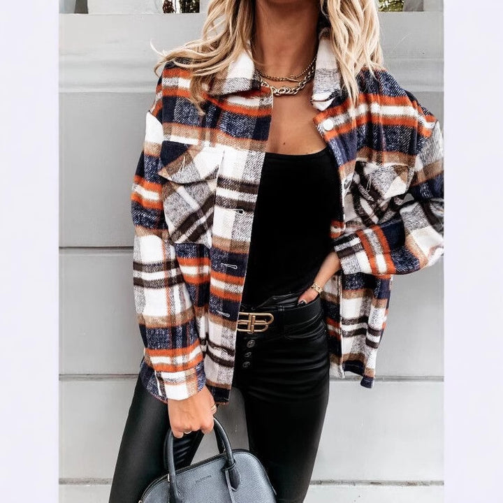 Damen Kariertes Overshirt mit Taschen und warmem Futter Drune