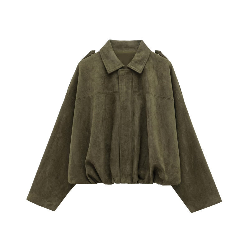 Damen lässige Kunstlederjacke mit elastischem Bund und praktischen Druckknöpfen Drune