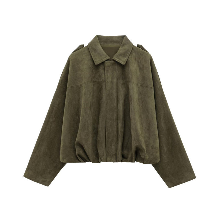 Damen lässige Kunstlederjacke mit elastischem Bund und praktischen Druckknöpfen Drune