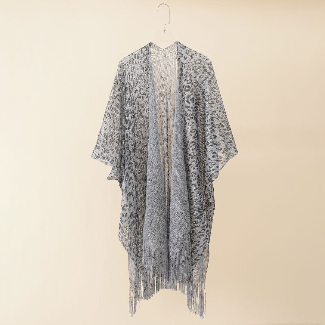 Damen Eleganter Fransen-Poncho mit Leopardenmotiv Drune