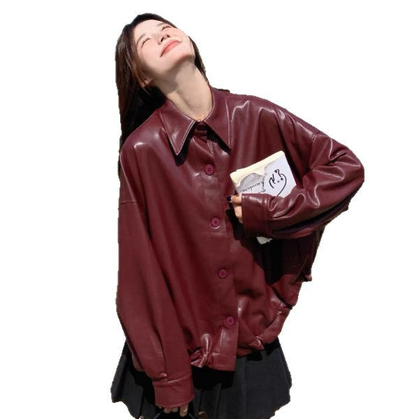 Damen Oversized Kunstlederjacke mit praktischen Taschen und Button-Down-Verschluss Drune