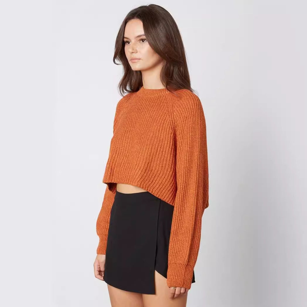 Damen trendiger, kurzer Strickpullover mit Rippenstruktur und überschnittenen Schultern Drune