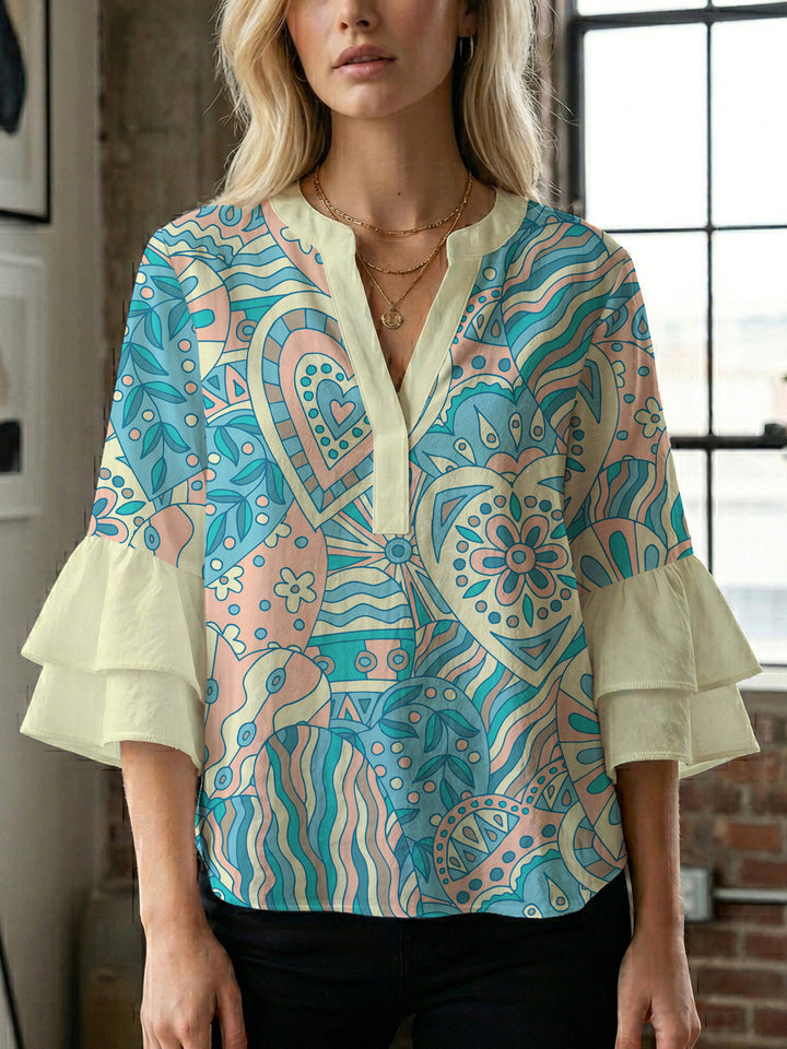 Damen elegantes Oberteil mit voluminösen Rüschensäumen und floralem Design Drune