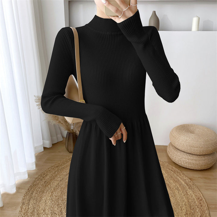 Damen elegantes midi Kleid mit dehnbarem Bund und langem Ärmel Drune
