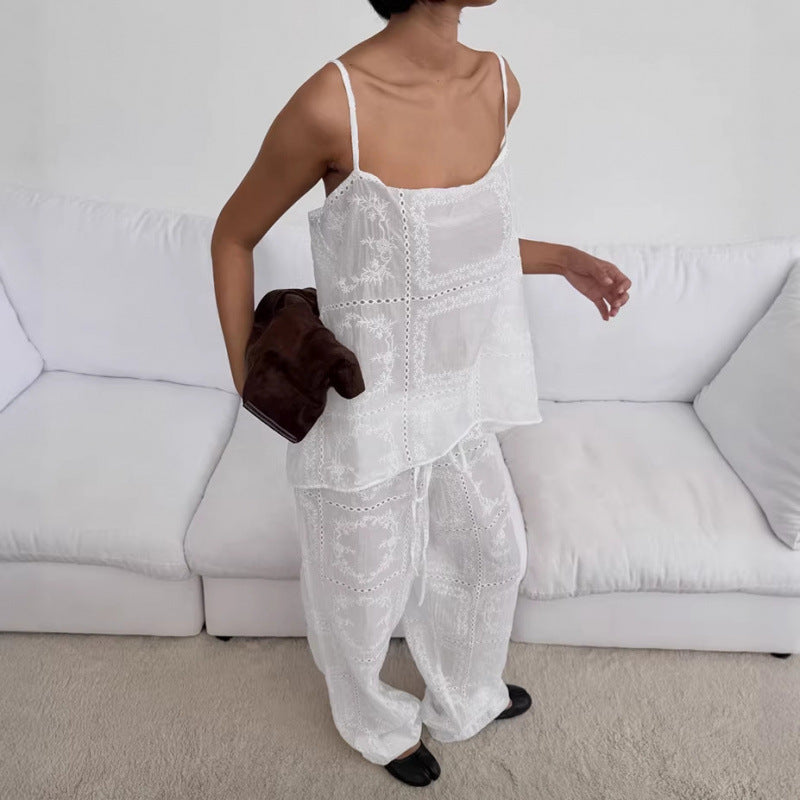 Damen luftiger Lounge-Set mit romantischen Stickereien Drune