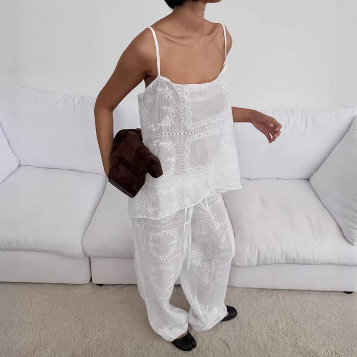 Damen luftiger Lounge-Set mit romantischen Stickereien Drune