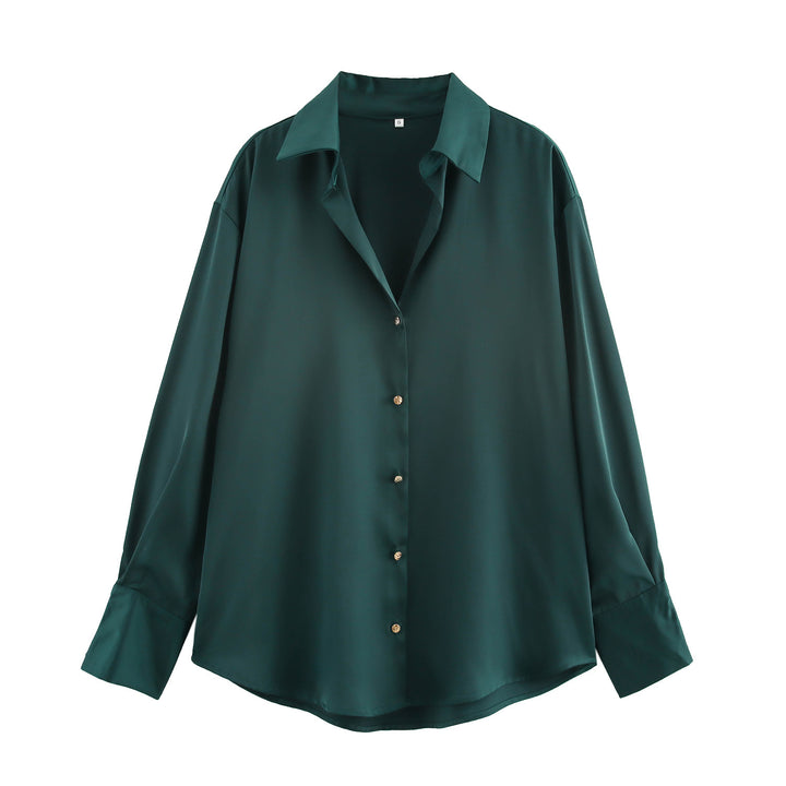 Damen nan oversized Satinbluse mit Hemdkragen, verlängerten Manschetten und abgerundetem Saum Drune