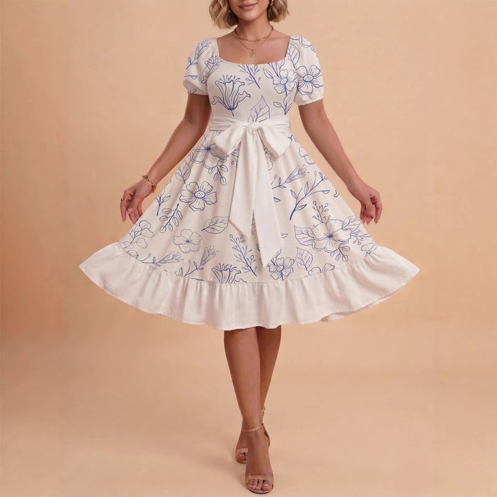 Damen Midi Kleid mit elegantem Blumendruck und tailliertem Gürtel Drune