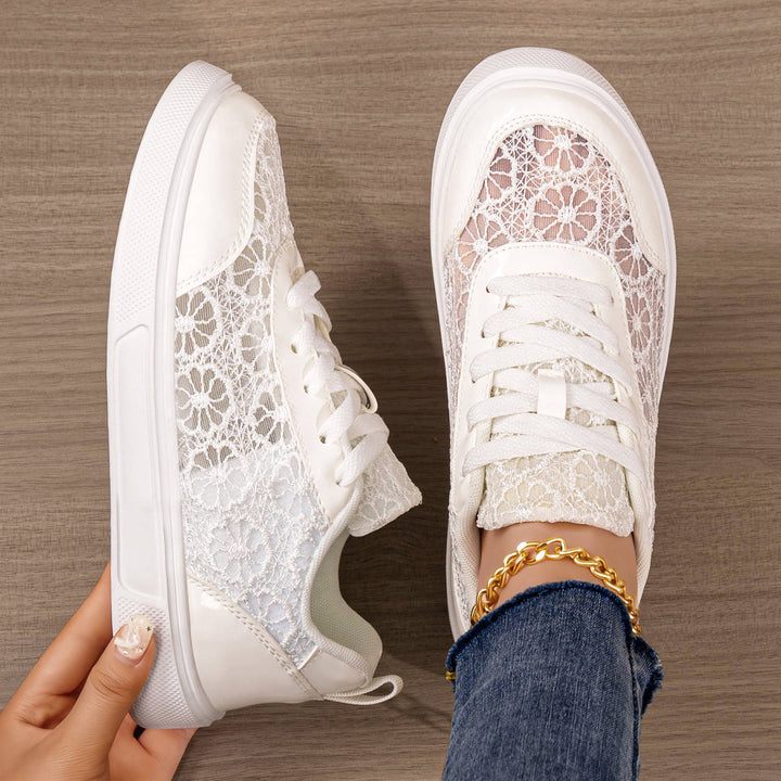 Damen nan eleganter Plateausneaker mit feinem Spitzenbesatz, gepolstertem Fersenkragen und stoßdämpfender EVA-Sohle Drune