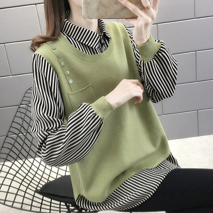 Damen Layered Pullover mit gestreiftem Hemdbluseneinsatz Drune