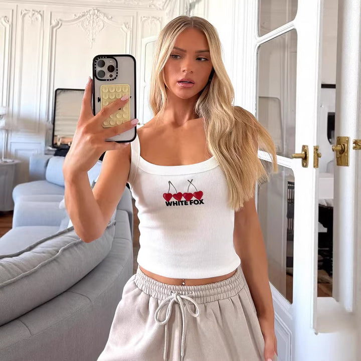 Damen Crop-Top mit Kirschstickerei und elastischem Baumwollmaterial Drune