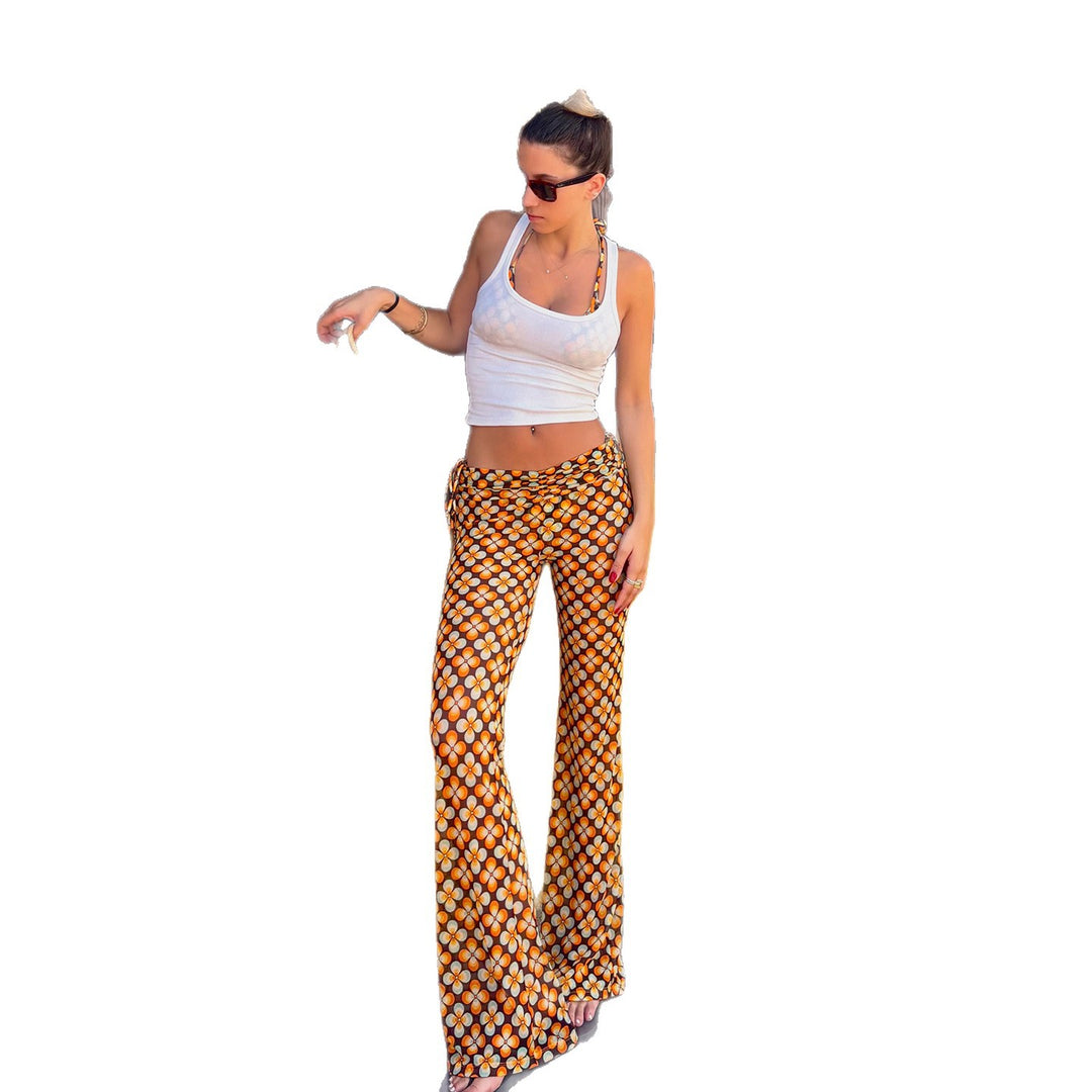 Damen nan ausgestellte Schlaghose mit hoher Taille, seitlichen Kordelzügen und retro Blumenprint Drune