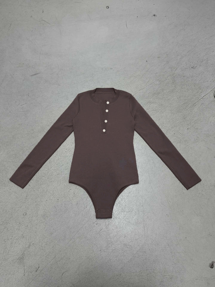 Damen Langarm-Bodysuit mit Knopfleiste und Rippstruktur Drune