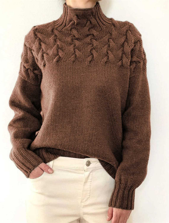 Damen Strickpullover mit dekorativem Zopfmuster und hohem Kragen Drune