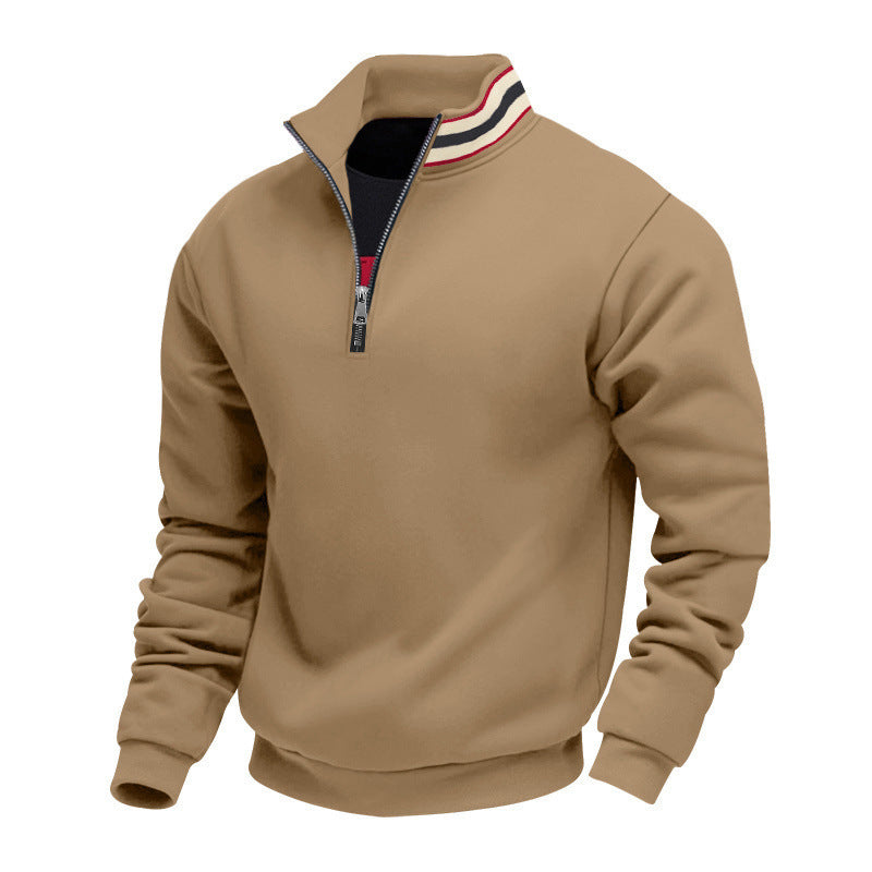 Herren nan Stehkragen-Halbzip-Sweatshirt aus Baumwollfleece mit Kontraststreifen am Kragen und gerippten Bündchen Drune