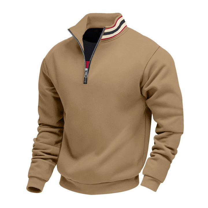 Herren nan Stehkragen-Halbzip-Sweatshirt aus Baumwollfleece mit Kontraststreifen am Kragen und gerippten Bündchen Drune