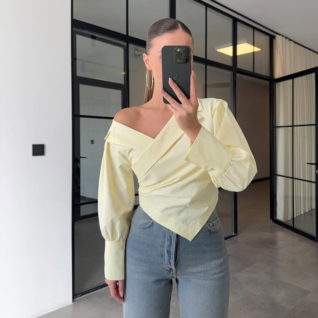 Damen Elegante Wickelbluse mit asymmetrischem Schnitt und Puffärmeln Drune