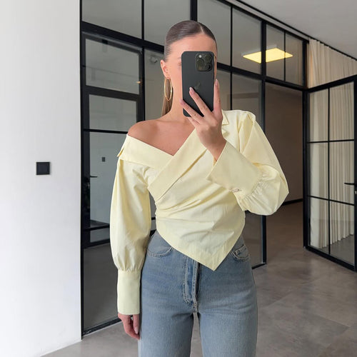 Damen Elegante Wickelbluse mit asymmetrischem Schnitt und Puffärmeln Drune