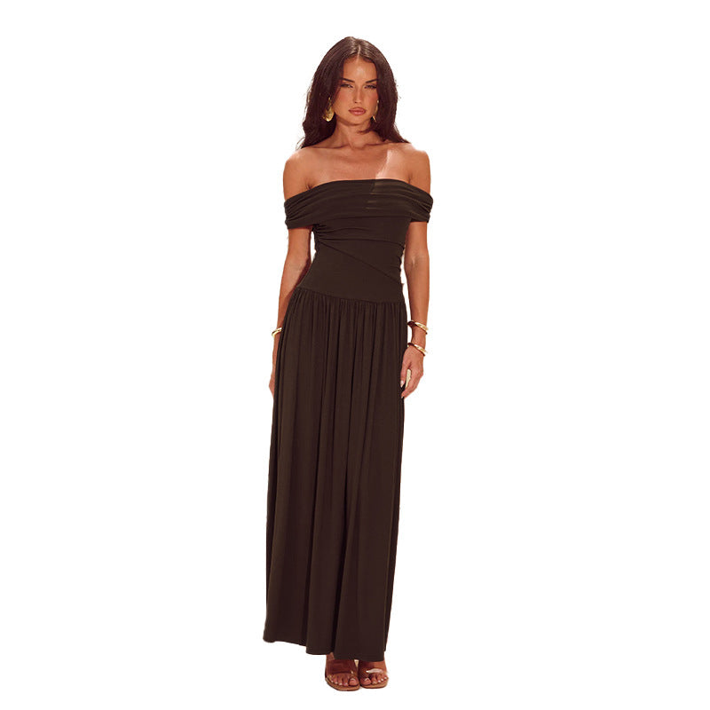 Damen Maxi-Kleid mit schulterfreiem Design und eleganten Drapierungen Drune