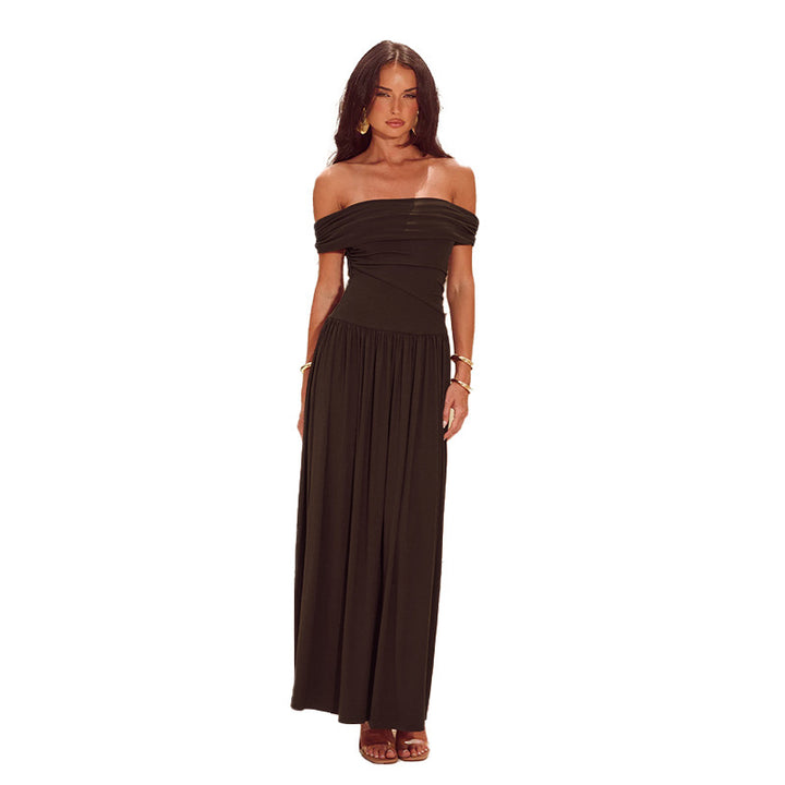 Damen Maxi-Kleid mit schulterfreiem Design und eleganten Drapierungen Drune