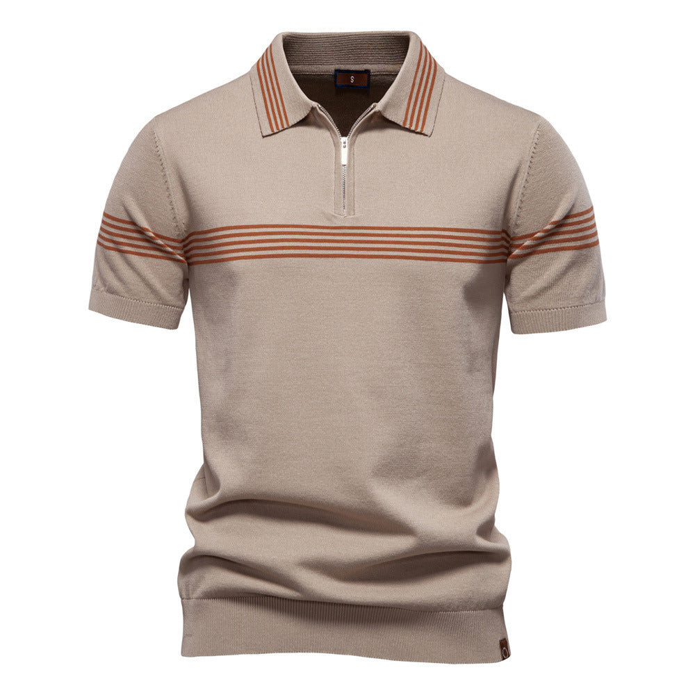 Herren nan edles Feinstrick-Poloshirt mit kurzem Metallreißverschluss, Bündchenärmeln und kontrastierten Streifenbändern Drune