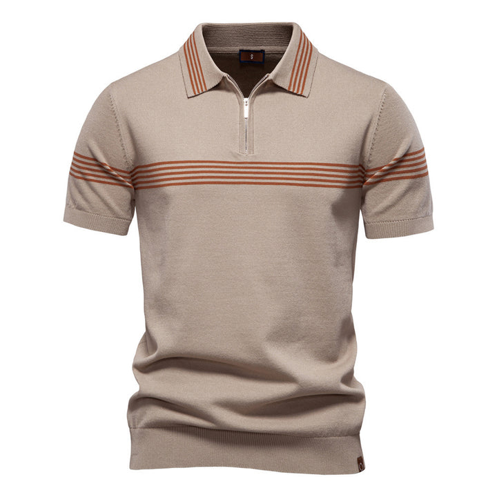 Herren nan edles Feinstrick-Poloshirt mit kurzem Metallreißverschluss, Bündchenärmeln und kontrastierten Streifenbändern Drune