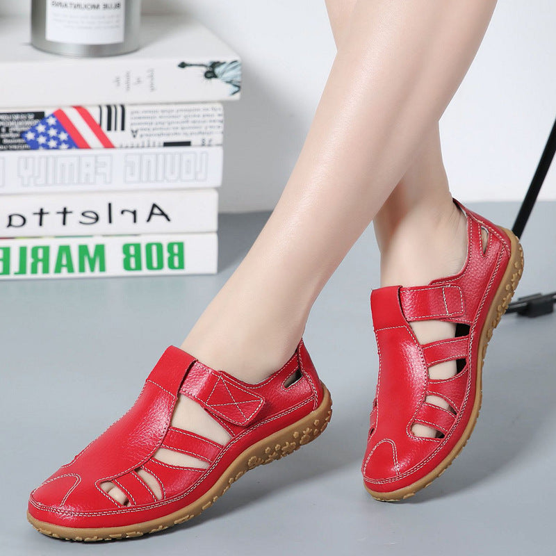 Damen nan geschlossener Leder-Sommerschuh mit Aussparungen Klettverschluss und dämpfender Noppenlaufsohle Drune