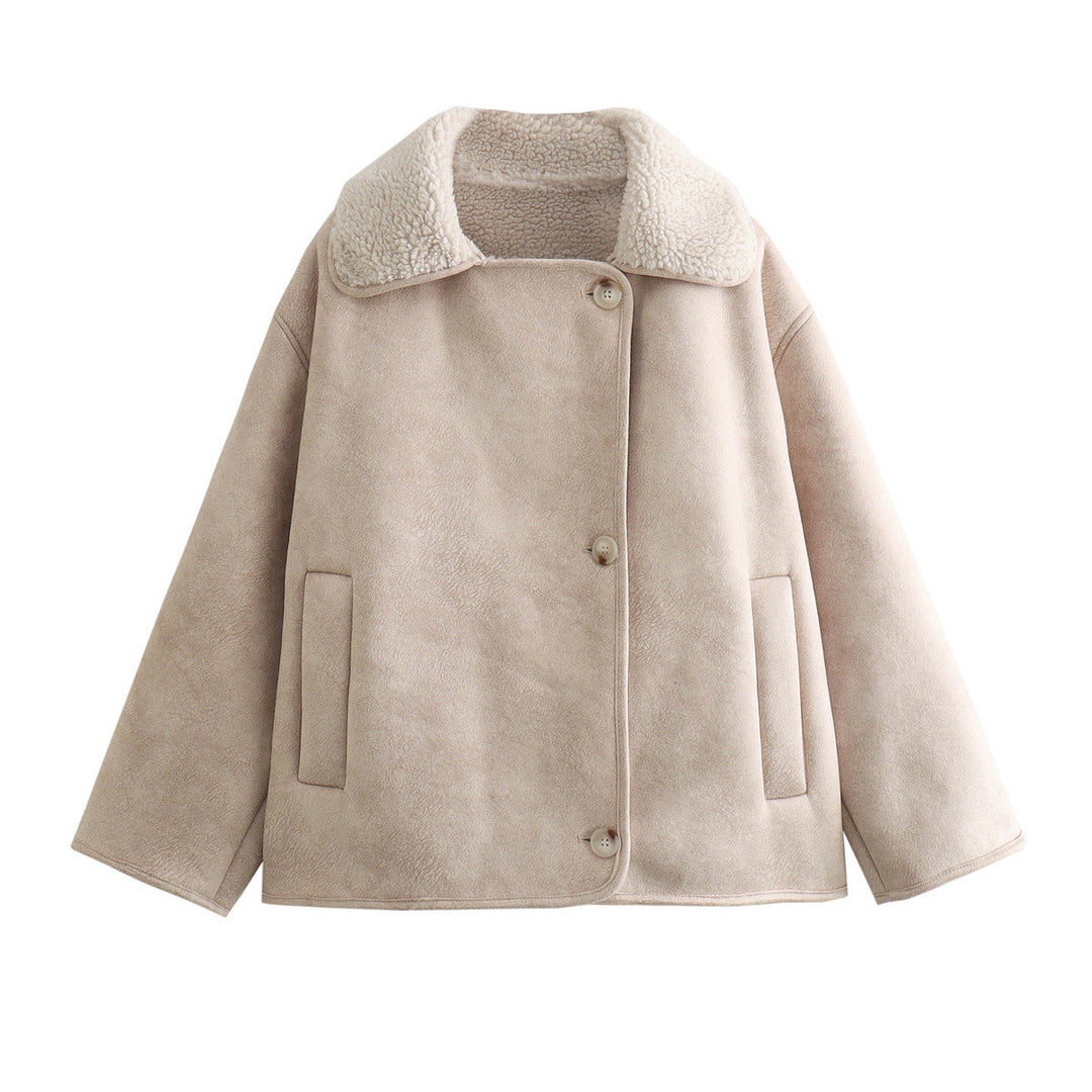 Damen nan kurze Winterjacke mit weichem Teddyfutter, Umschlagkragen und Knopfleiste Drune