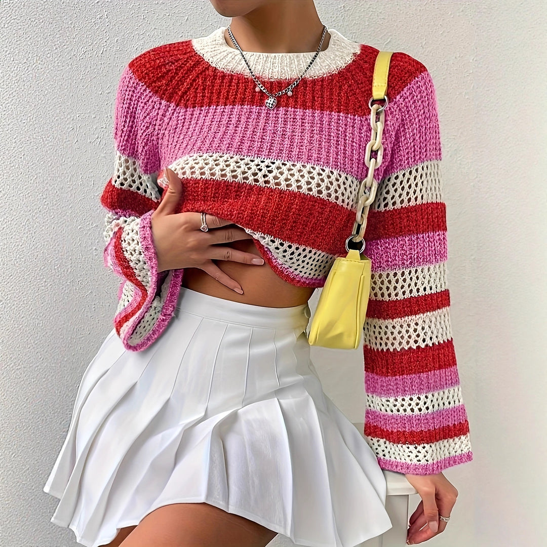 Damen Strickpullover mit verspieltem Lochmuster und bunten Streifen Drune