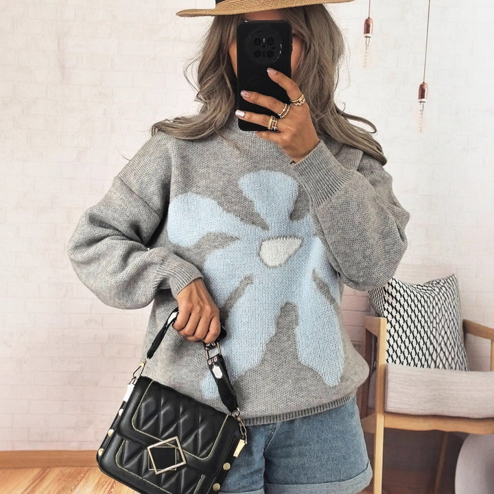 Damen lässiger Strickpullover mit buntem Blumenmotiv und überschnittenen Schultern Drune