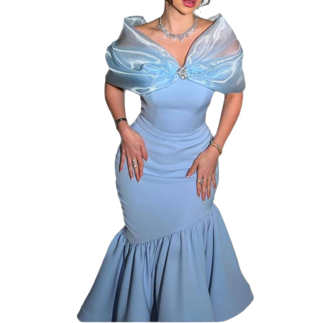 Damen elegantes Midikleid mit transparentem Chiffon-Cape und Floral-Applikation Drune
