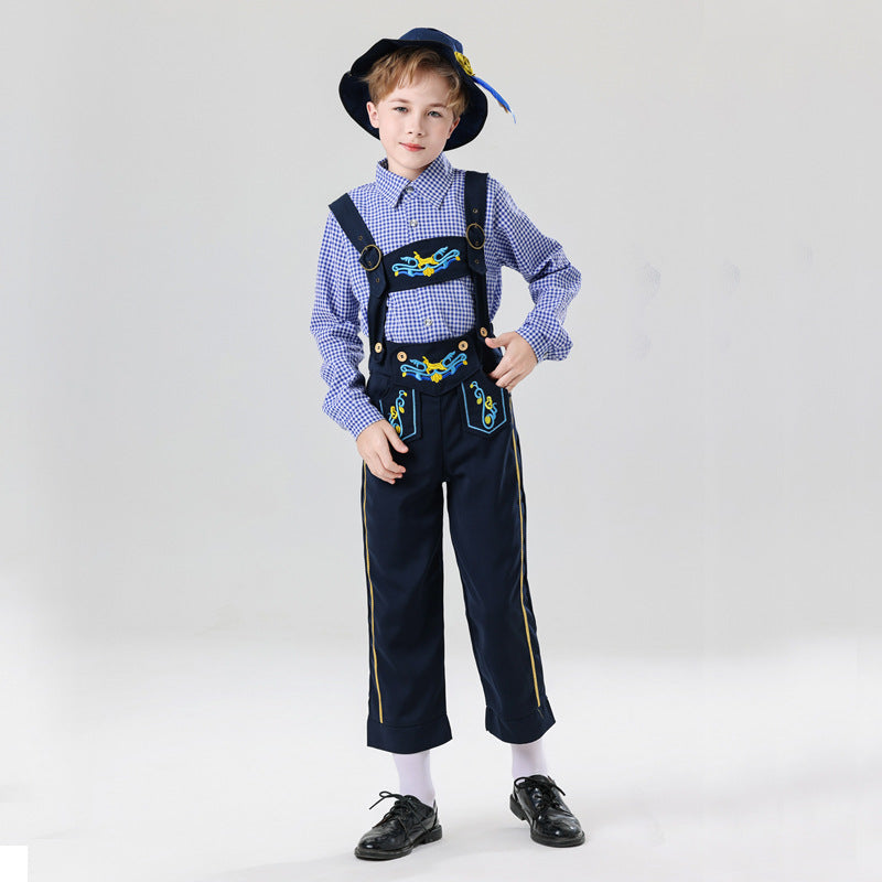 Herren nan bestickte Kindertracht Latzhose mit verstellbaren Hosenträgern und Kontrastnähten Drune