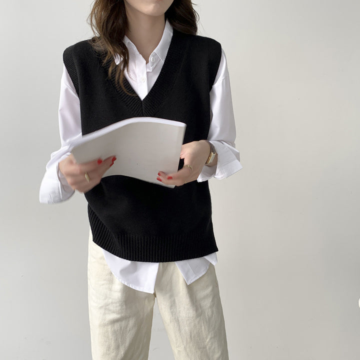 Damen Ärmellose Strickweste mit V-Ausschnitt und Rippdetails Drune