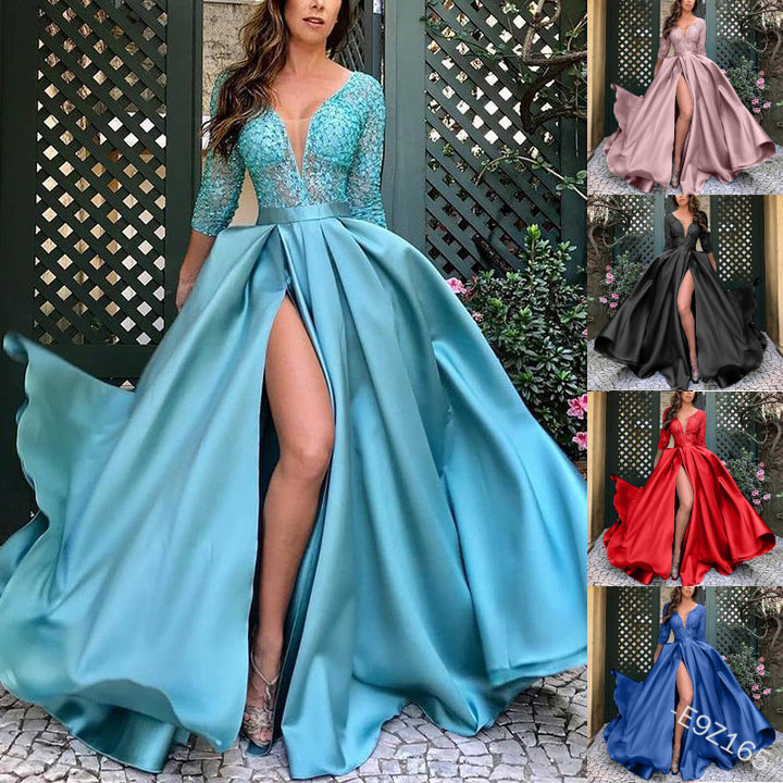 Damen schimmerndes Abendkleid mit tiefem V-Ausschnitt und elegantem Reißverschluss Drune
