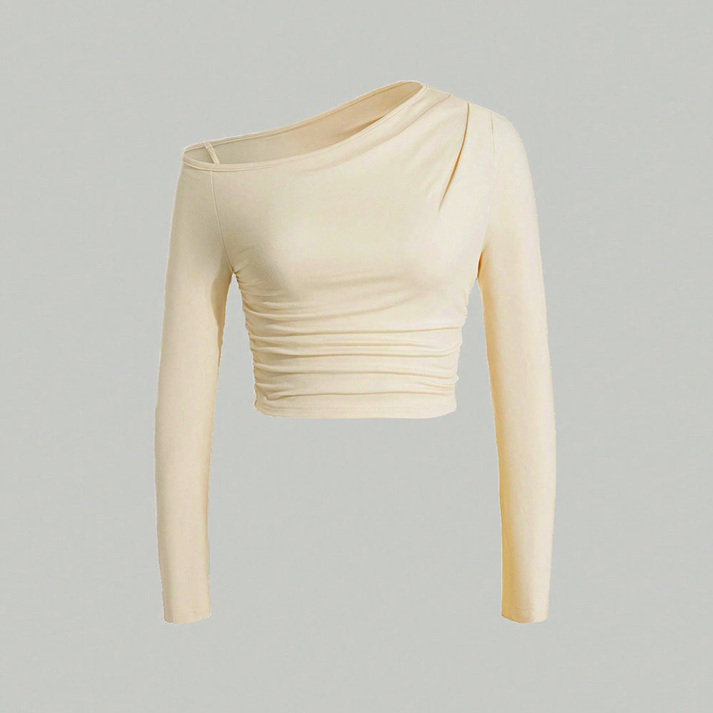 Damen asymmetrisches Langarm-Crop-Top mit leichtem Raffungseffekt Drune