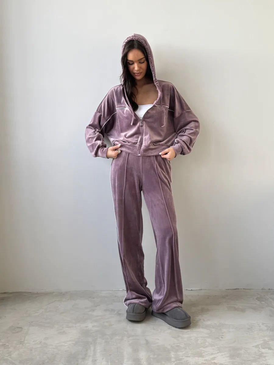 Damen Sportlicher Velours-Anzug mit moderner Kapuze und elastischem Bund Drune