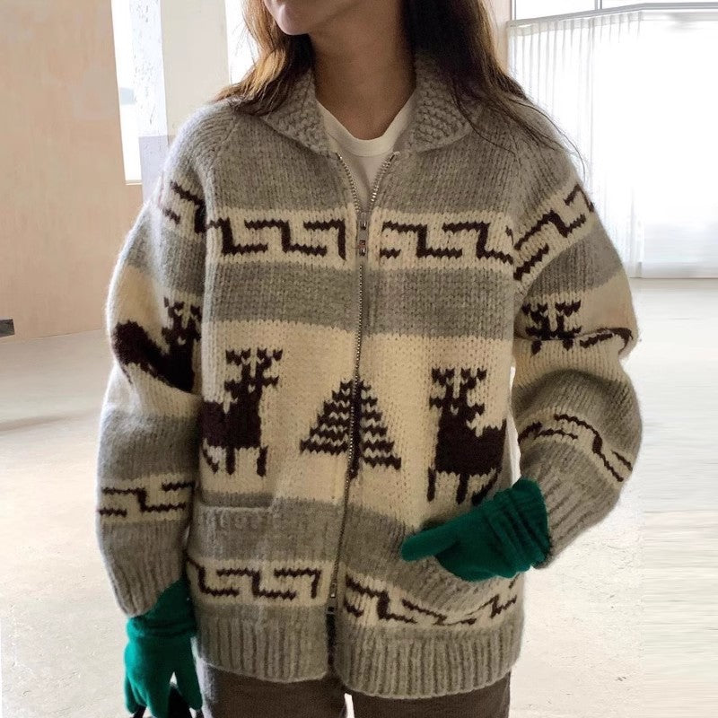 Damen Kuscheliger Zip-Cardigan mit festlichem Motiv Drune