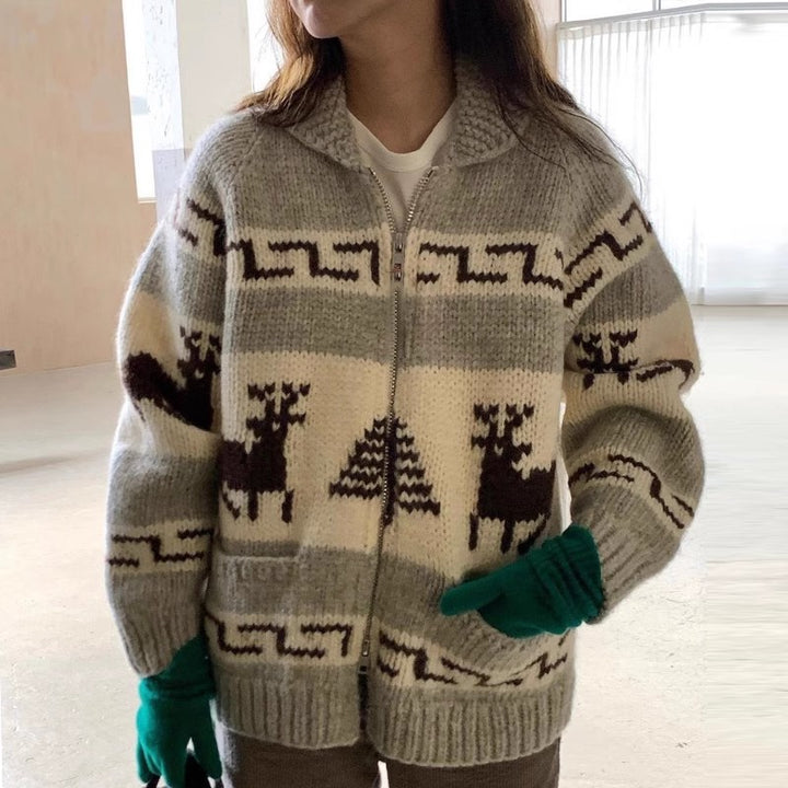 Damen Kuscheliger Zip-Cardigan mit festlichem Motiv Drune